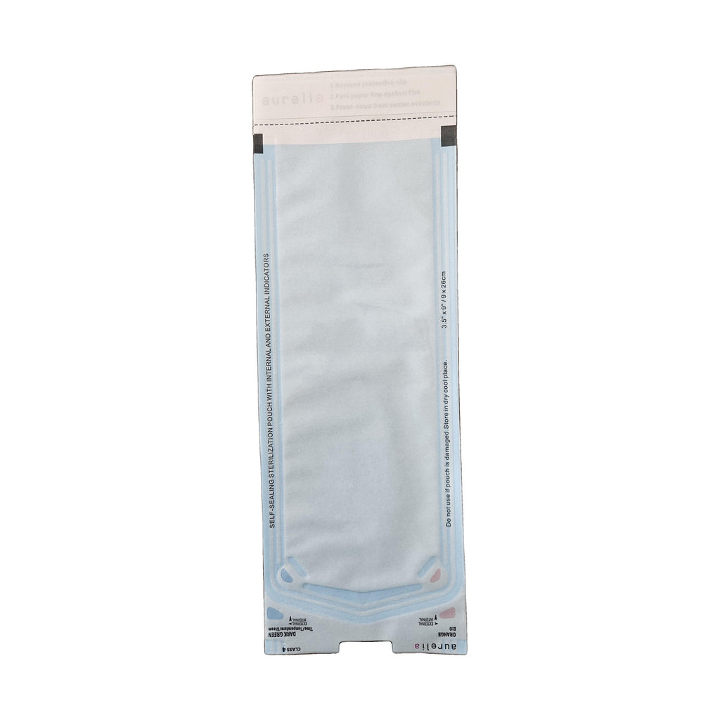 Sterilization pouch 3.5 x 9 inch, angled view showing the Class 4 indicator strip