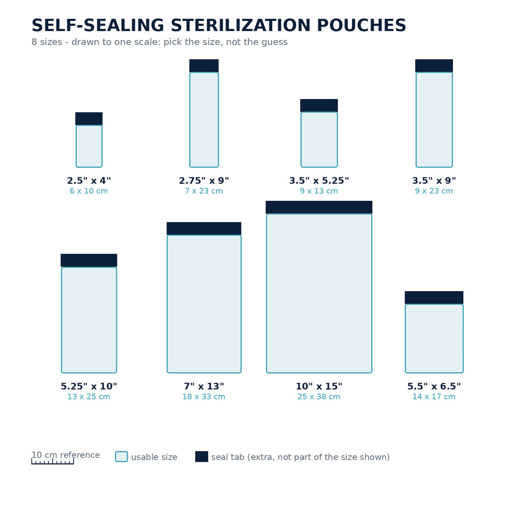 Eight sterilization pouch sizes drawn to one scale, 6 x 10 cm to 20 x 41 cm
