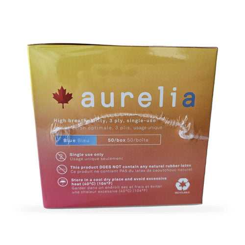 Aurelia blue Level 3 face mask box, 50 masks per box — front panel with Blue Bleu and 50 per box