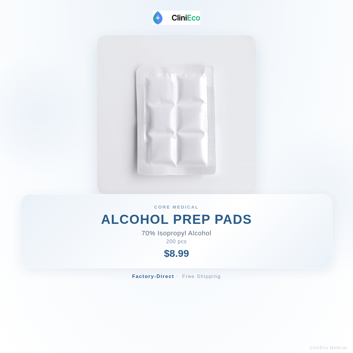 CliniEco Medical Alcohol Prep Pads — 70% Isopropyl, 200-Pack