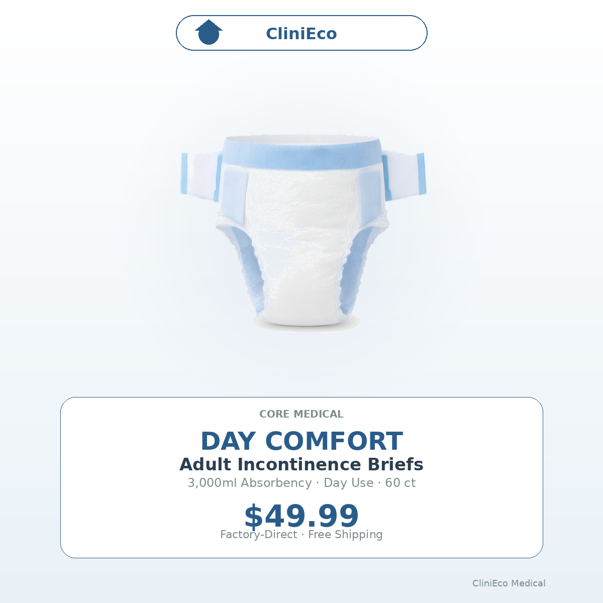 CliniEco Medical Day Comfort Adult Incontinence Briefs — 3,000ml, 60-Pack
