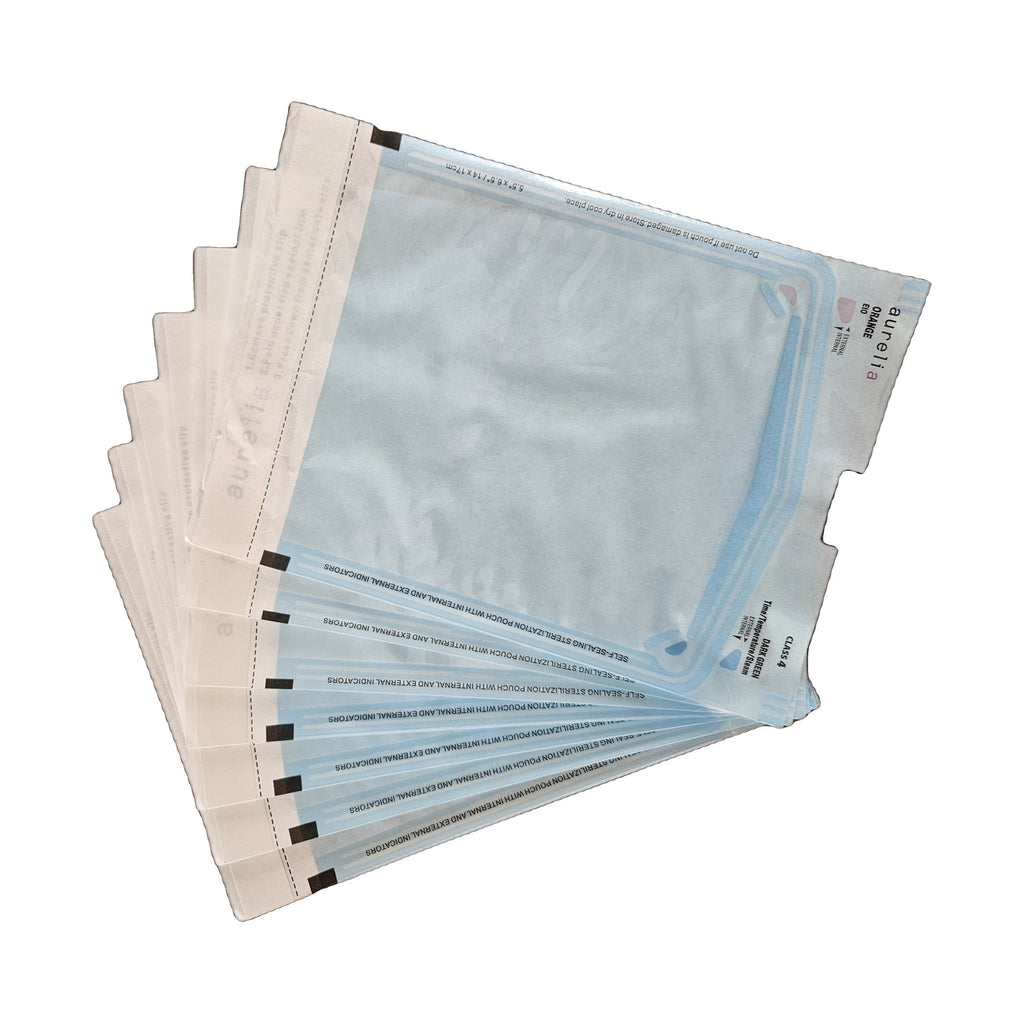 Sterilization pouch angled view showing the self-seal flap and blue film side