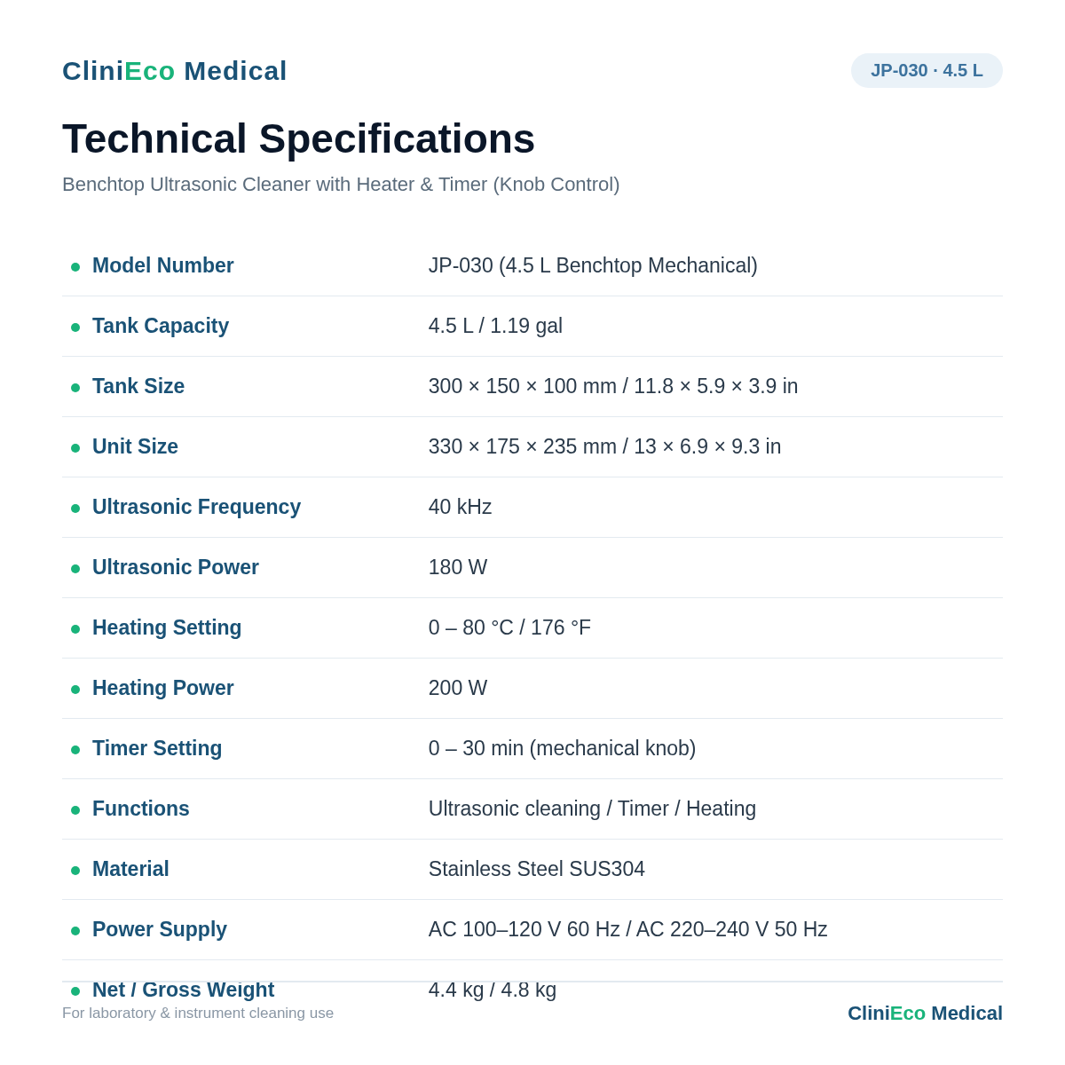 CliniEco Ultrasonic Cleaner — specs
