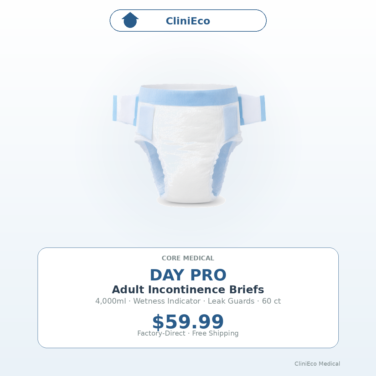CliniEco Medical Day Pro Adult Incontinence Briefs — 4,000ml, Wetness Indicator, 14-Pack