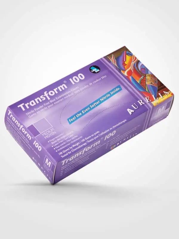 Aurelia Transform 100 nitrile exam gloves — powder-free, finger-tip textured, ultra stretch