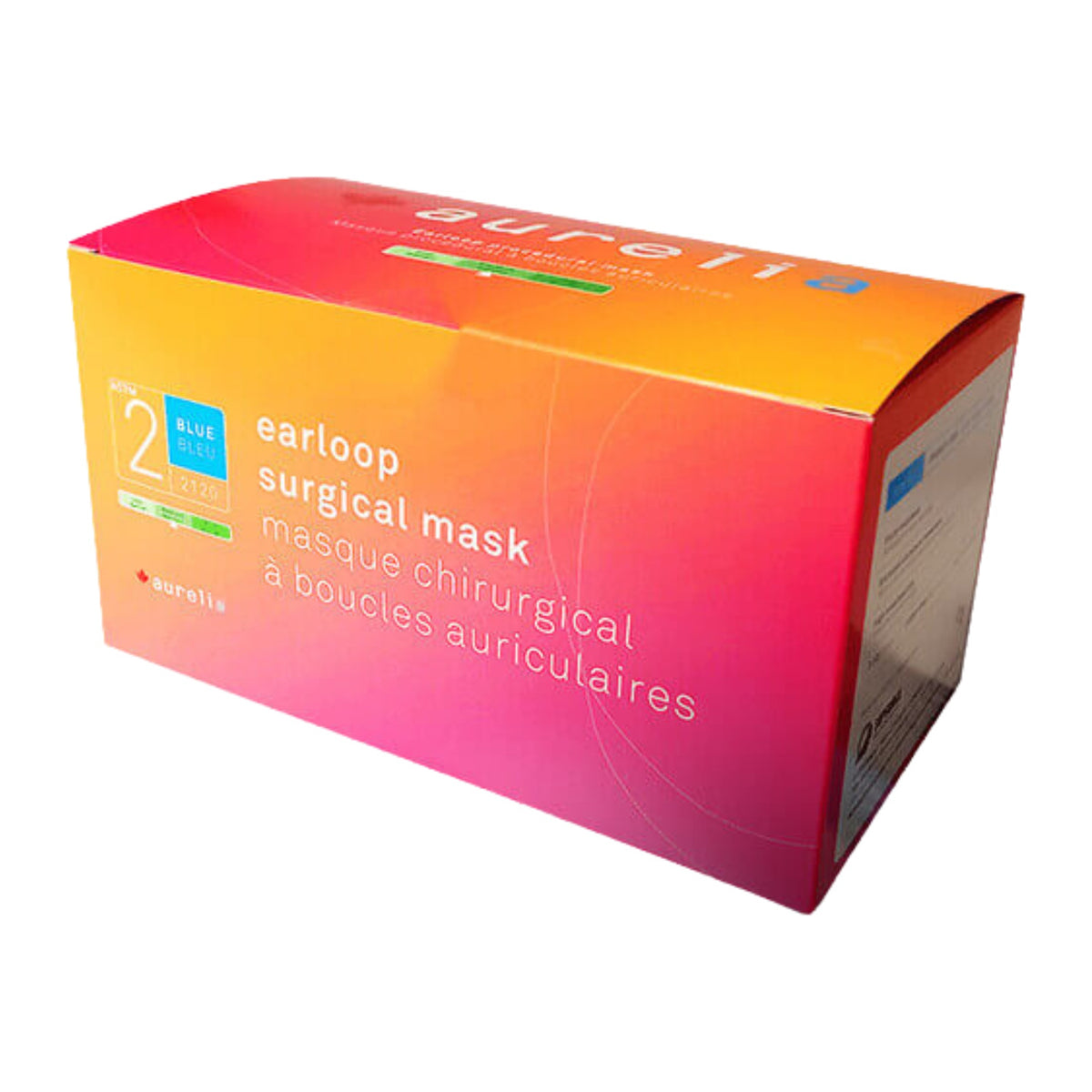 Aurelia blue Level 2 face mask box, 50 masks per box — front panel with the ASTM 2 badge, BLUE BLEU and product code 2120
