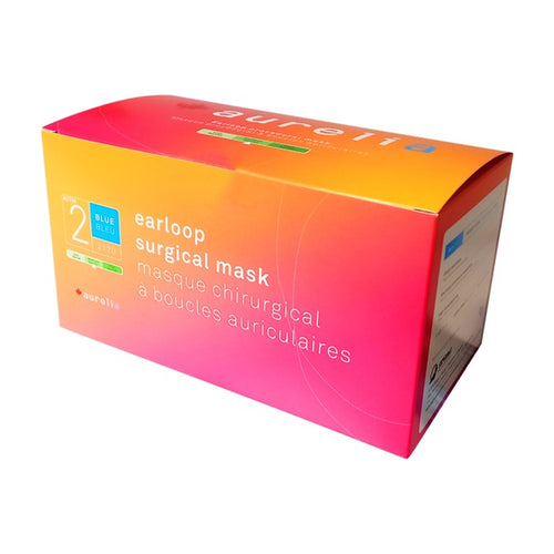 Aurelia blue Level 2 face mask box photographed from the top-left angle, showing the front and top panels