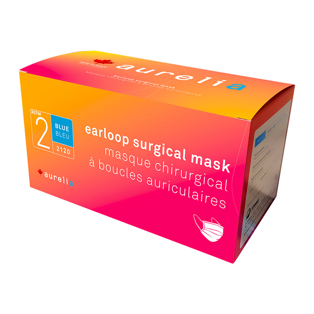 Aurelia blue Level 2 face mask box, clean front view with the ASTM Level 2 badge and bilingual product name