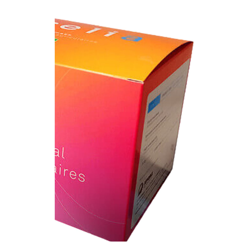 Side panel of the Aurelia blue Level 2 face mask box with the specification text block