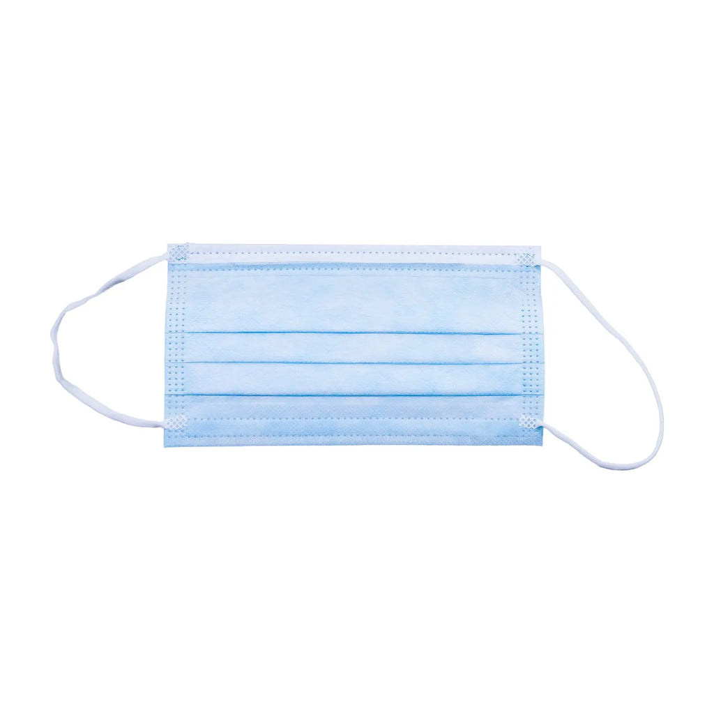 Single Aurelia blue 3-ply surgical mask with white ear loops shown loose outside the box