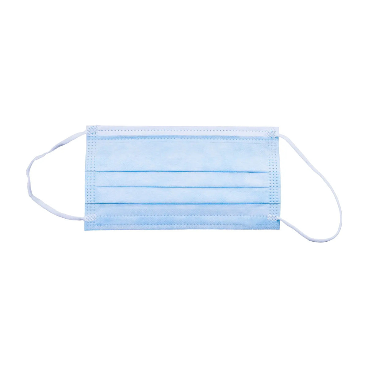Single Aurelia blue 3-ply surgical mask with white ear loops shown loose outside the box