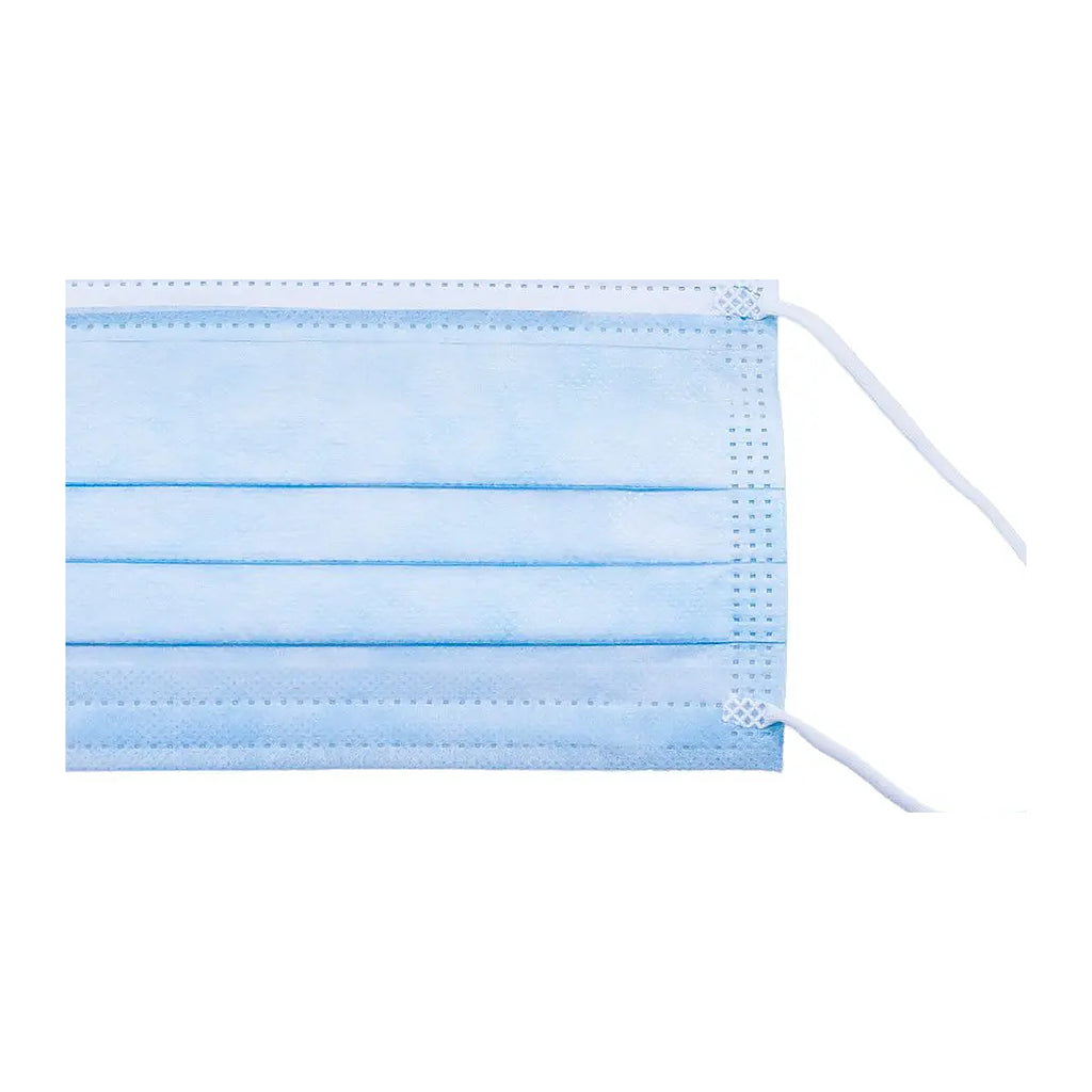 Close-up of the pleat structure, embossed edges and ear-loop weld of an Aurelia blue 3-ply surgical mask