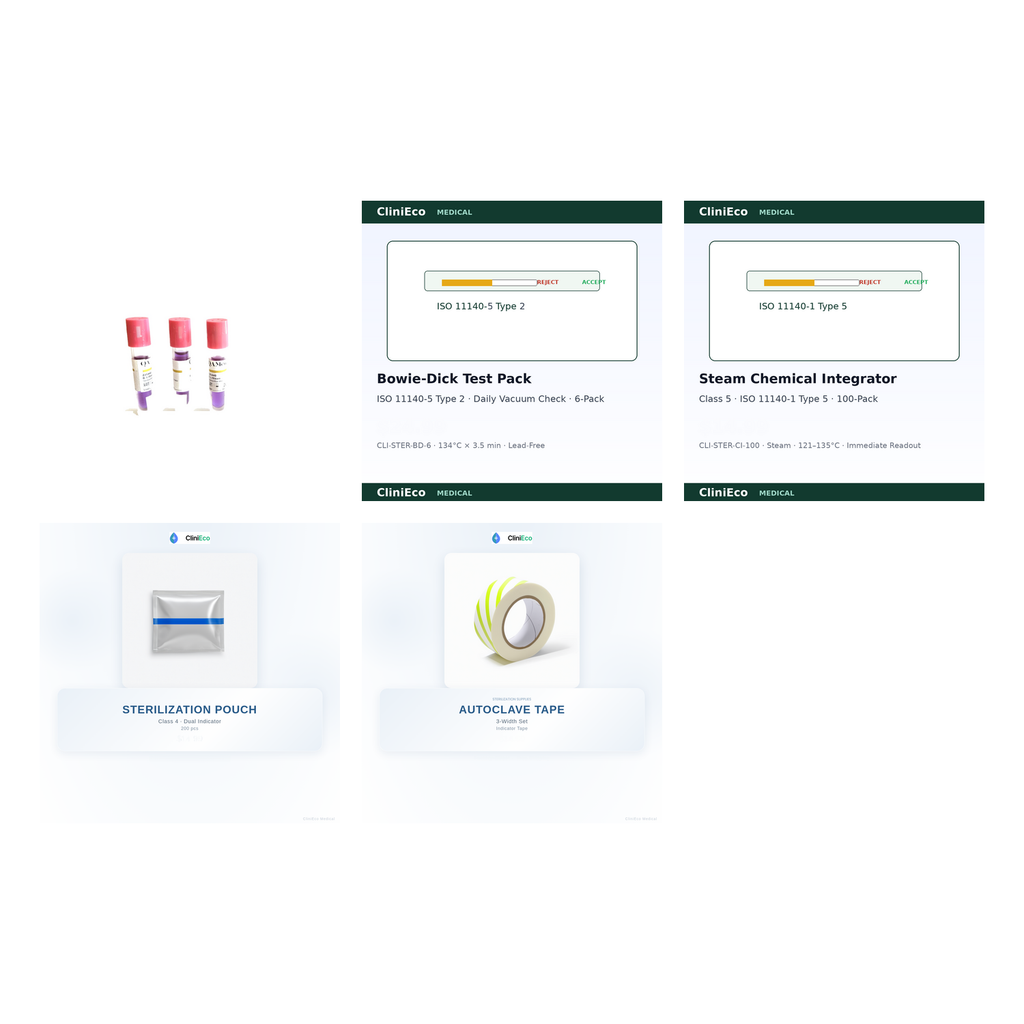 Sterilization Compliance Kit A contents — biological indicator vials, Bowie-Dick test packs, Class 5 chemical integrator, sterilization pouches and autoclave tape for pre-vacuum (Class B) sterilizers