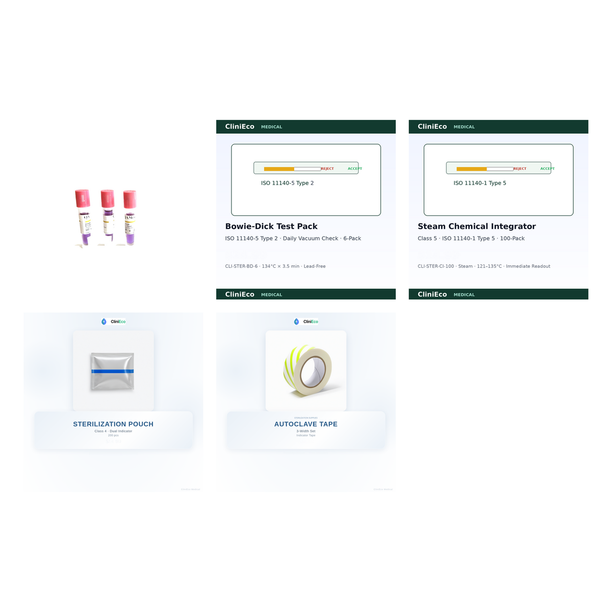 Sterilization Compliance Kit A contents — biological indicator vials, Bowie-Dick test packs, Class 5 chemical integrator, sterilization pouches and autoclave tape for pre-vacuum (Class B) sterilizers