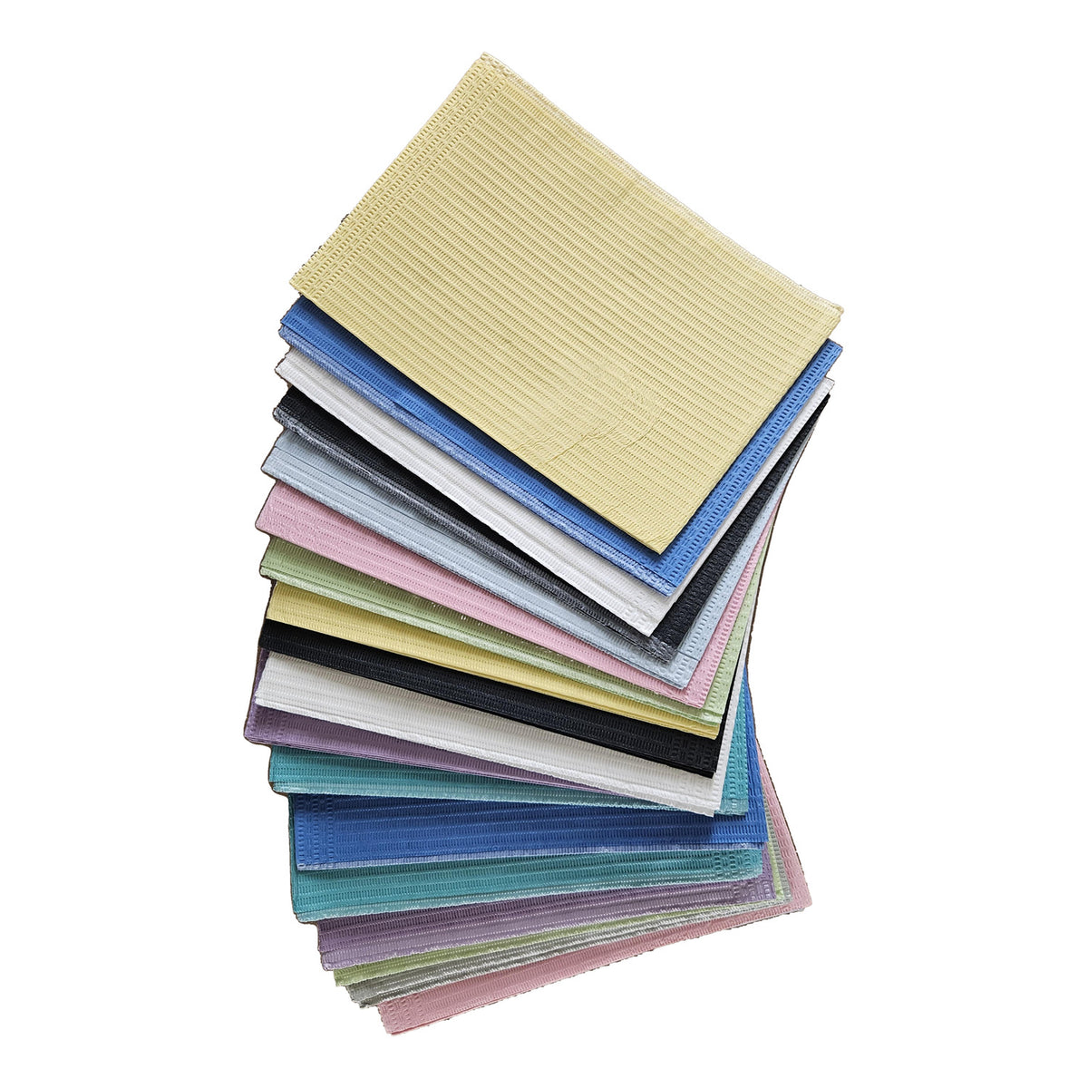 Aurelia dental bibs, assorted colours, fanned stack on white
