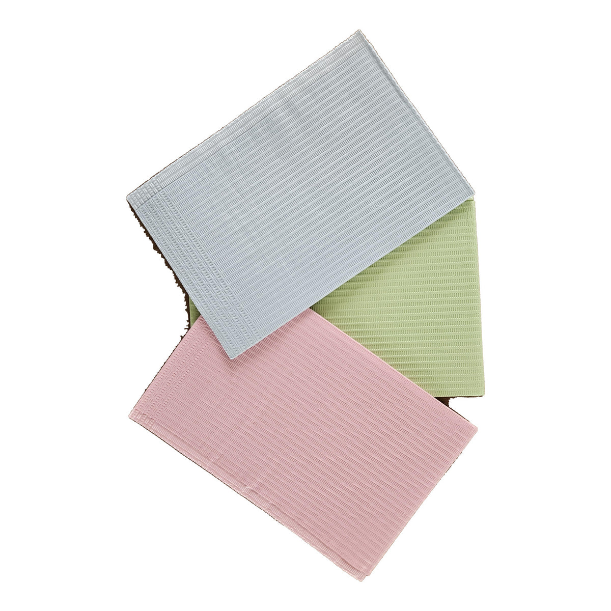 Aurelia dental bibs, pink and grey, stacked on white background
