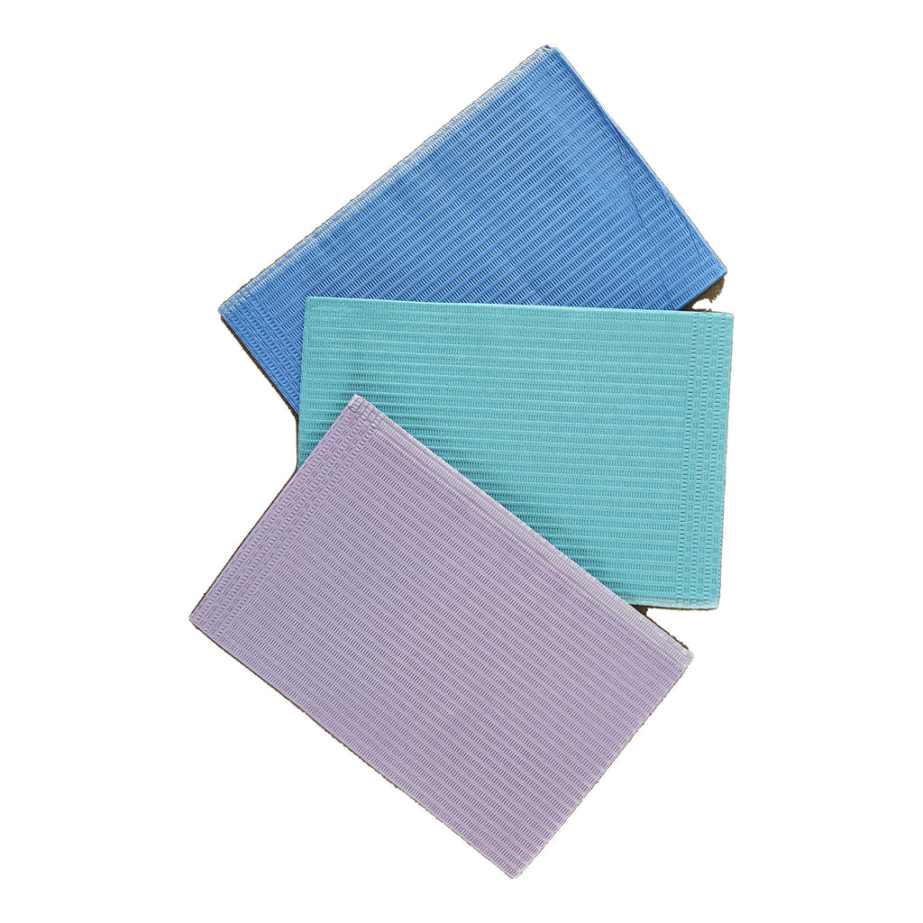 Aurelia dental bibs, lavender, green and blue, stacked on white background
