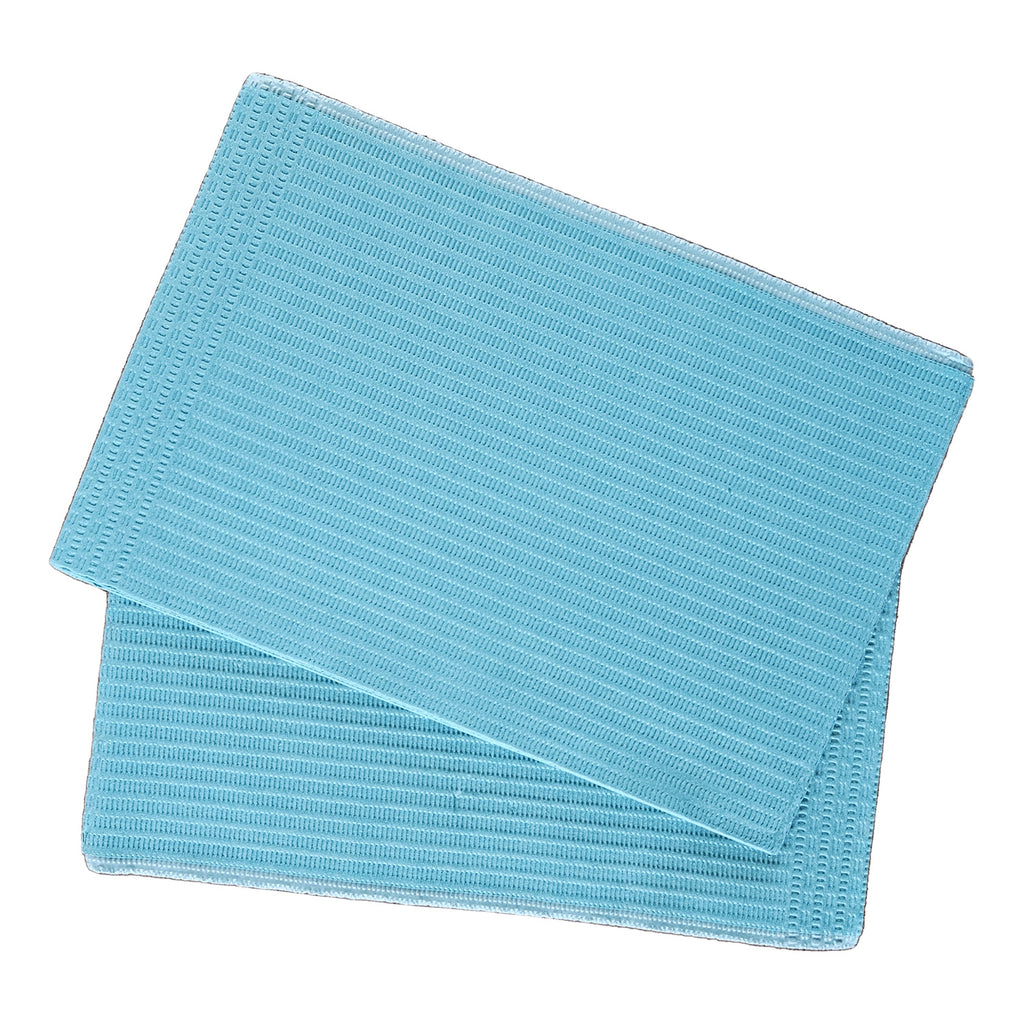 Aurelia dental bibs, light blue, laid flat on white background