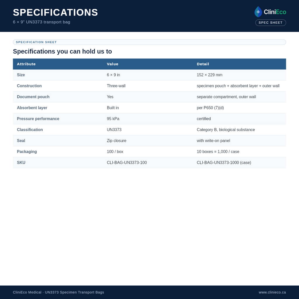 6×9 in UN3373 specimen transport bag — specifications