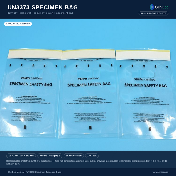 CliniEco Medical UN3373 Specimen Transport Bags — 12×15", 95 kPa, Document Pouch & Absorbent Pad, 100-Pack