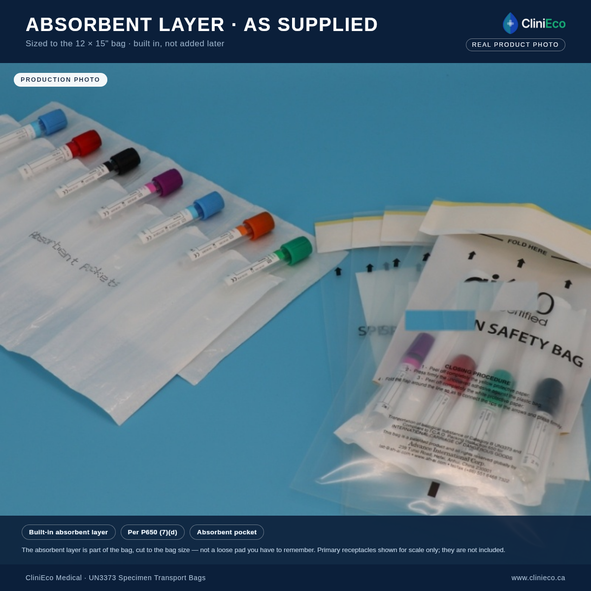 CliniEco UN3373 specimen bag 12x15 in — absorbent layer detail