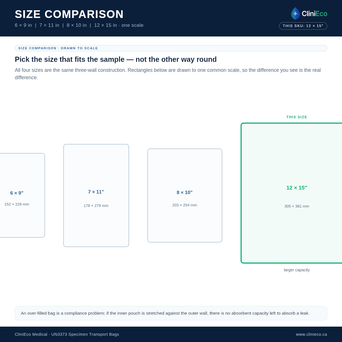 Specimen bag size comparison — 6×9, 7×11, 8×10, 12×15 in