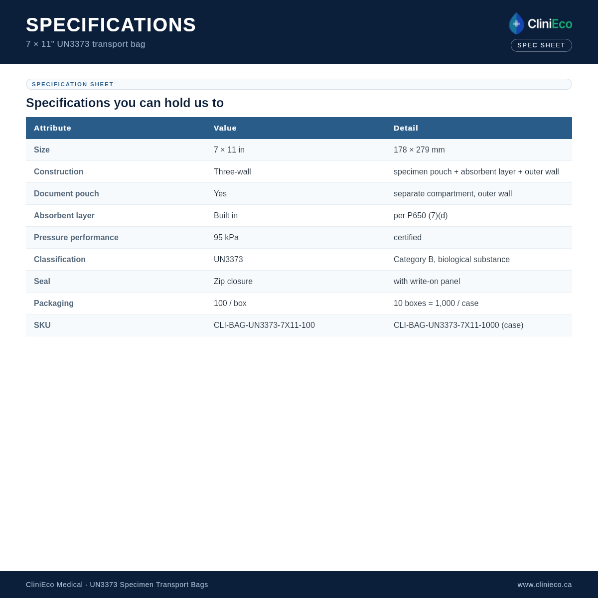 CliniEco UN3373 specimen bag 7x11 in — specs