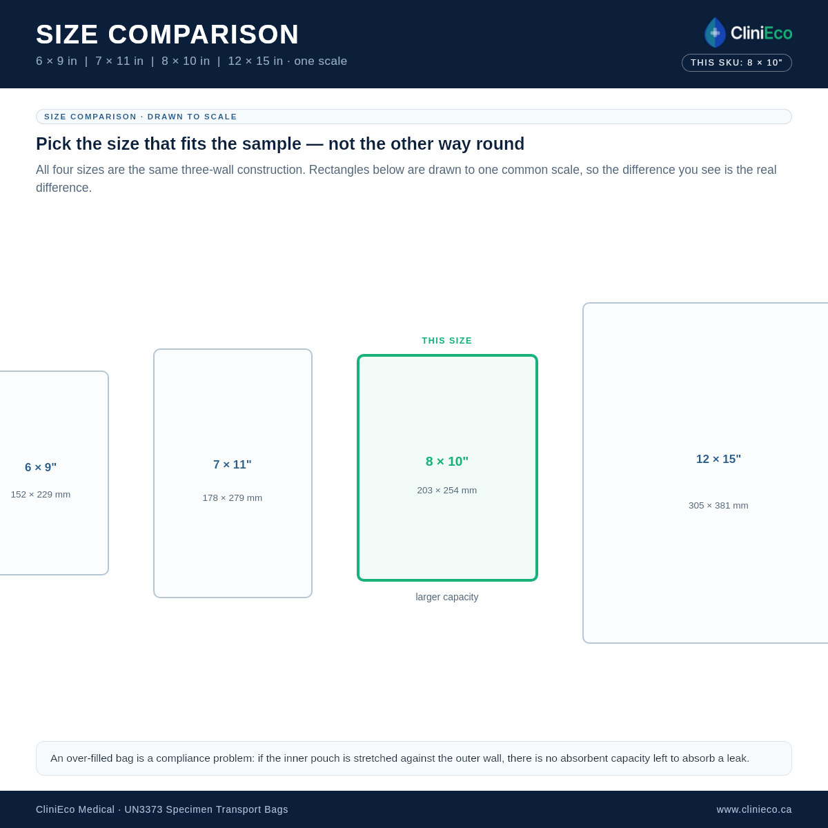 Specimen bag size comparison — 6×9, 7×11, 8×10, 12×15 in