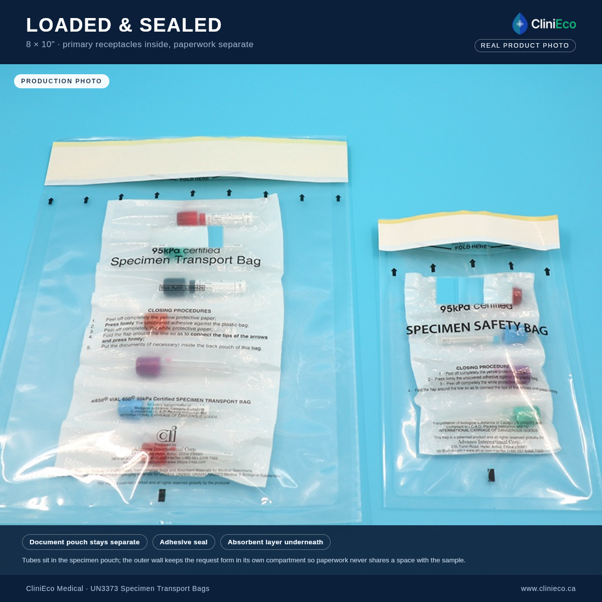 CliniEco UN3373 specimen bag 8x10 in — loaded and sealed