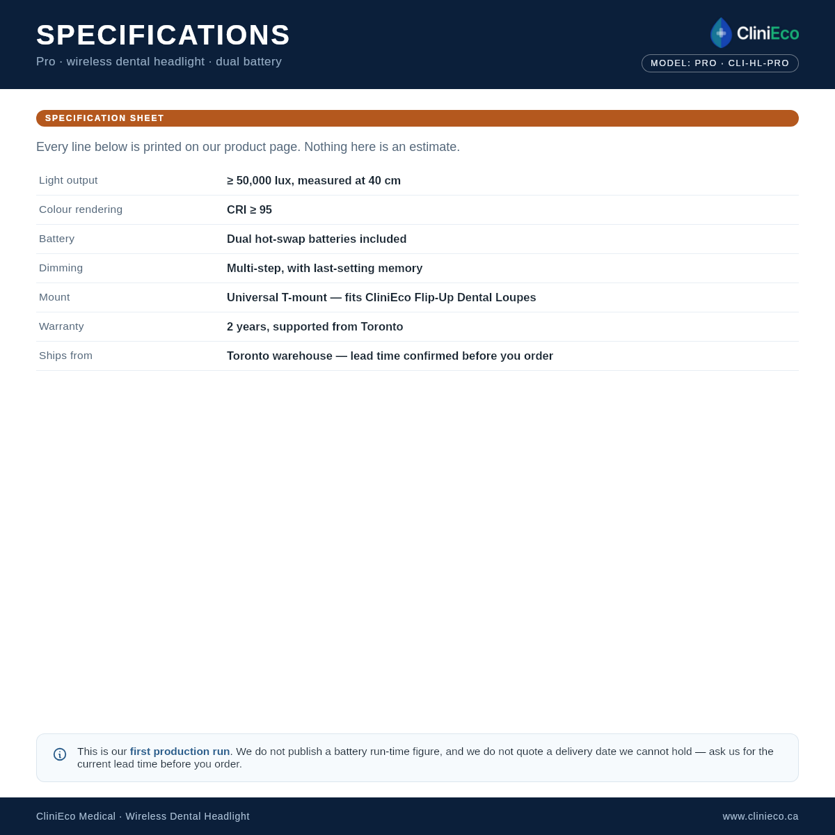 Pro headlight — specifications
