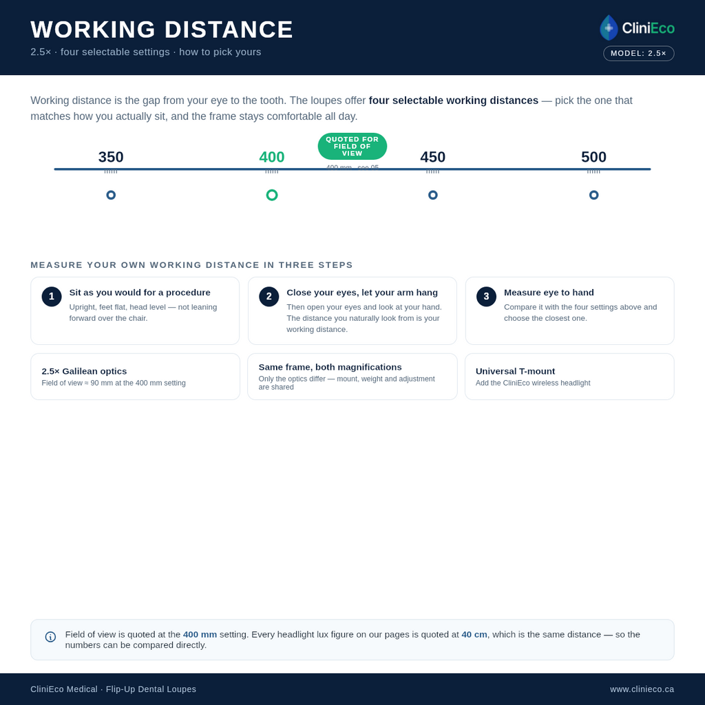 Working distance guide — 2.5× flip-up dental loupes