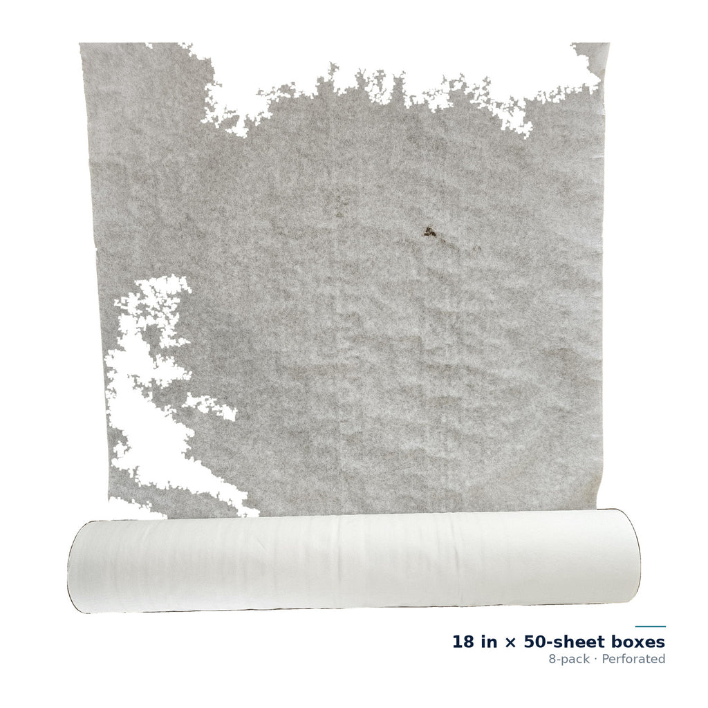 CliniEco Examination Table Paper — 18 in × 50-sheet boxes, 8-pack, Perforated — sheet unrolled with the roll laid flat