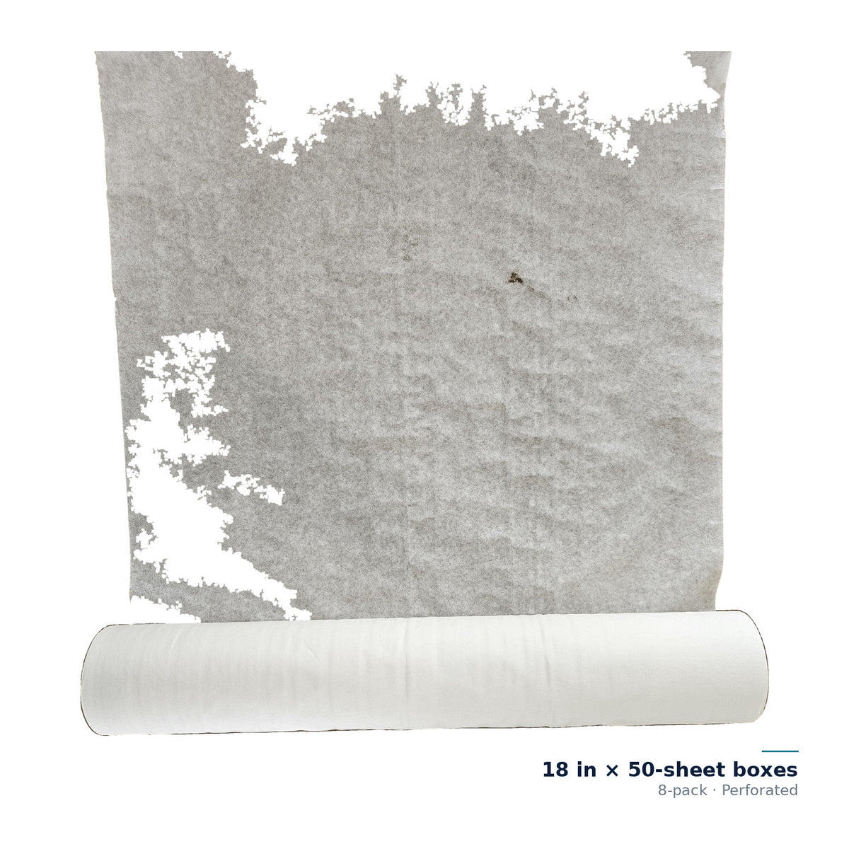 CliniEco Examination Table Paper — 18 in × 50-sheet boxes, 8-pack, Perforated — sheet unrolled with the roll laid flat