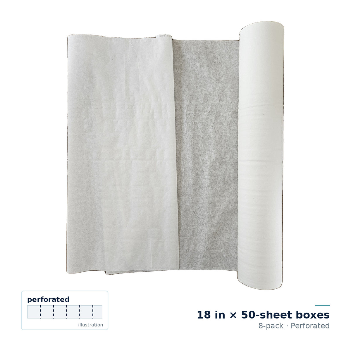 CliniEco Examination Table Paper — 18 in × 50-sheet boxes, 8-pack, Perforated — paper partly unrolled beside a standing roll; perforation shown as a line illustration, not a photo
