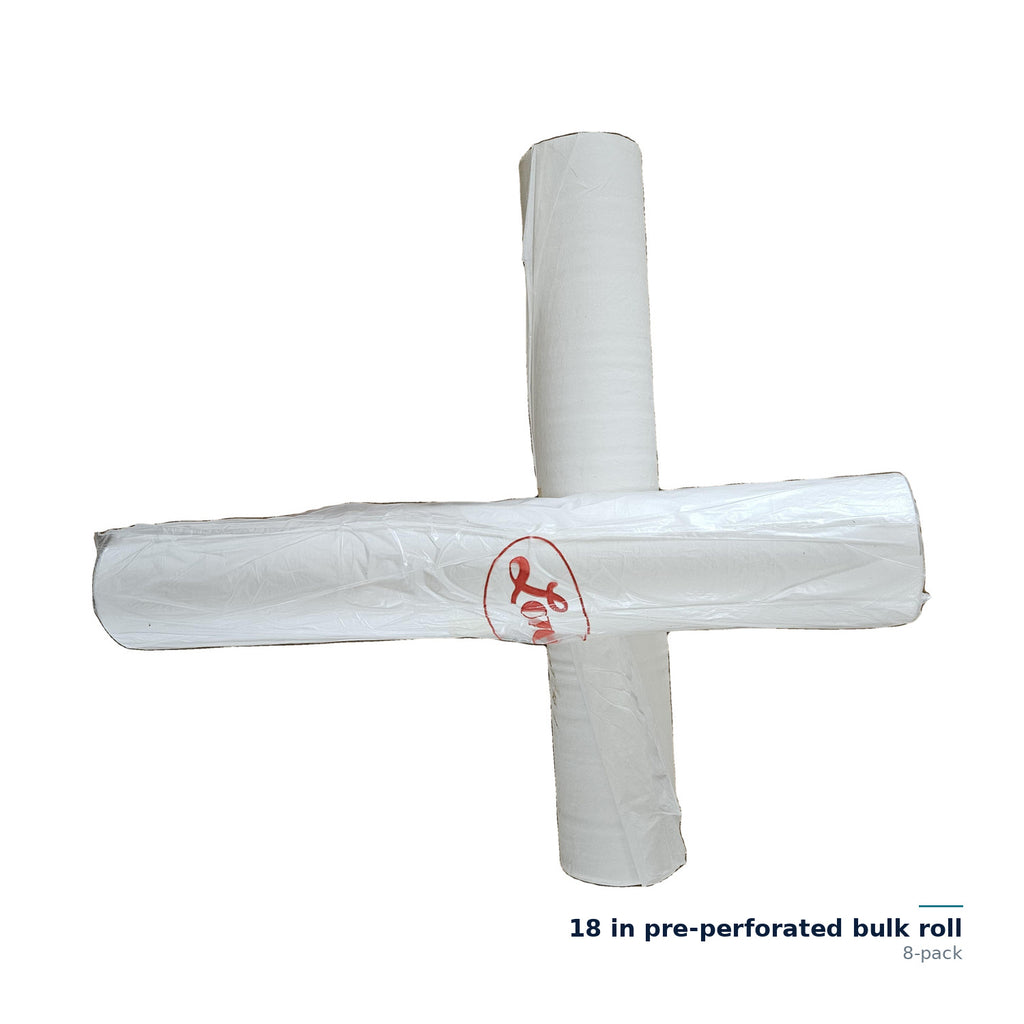 CliniEco Examination Table Paper — 18 in pre-perforated bulk roll, 8-pack — two white rolls crossed side by side