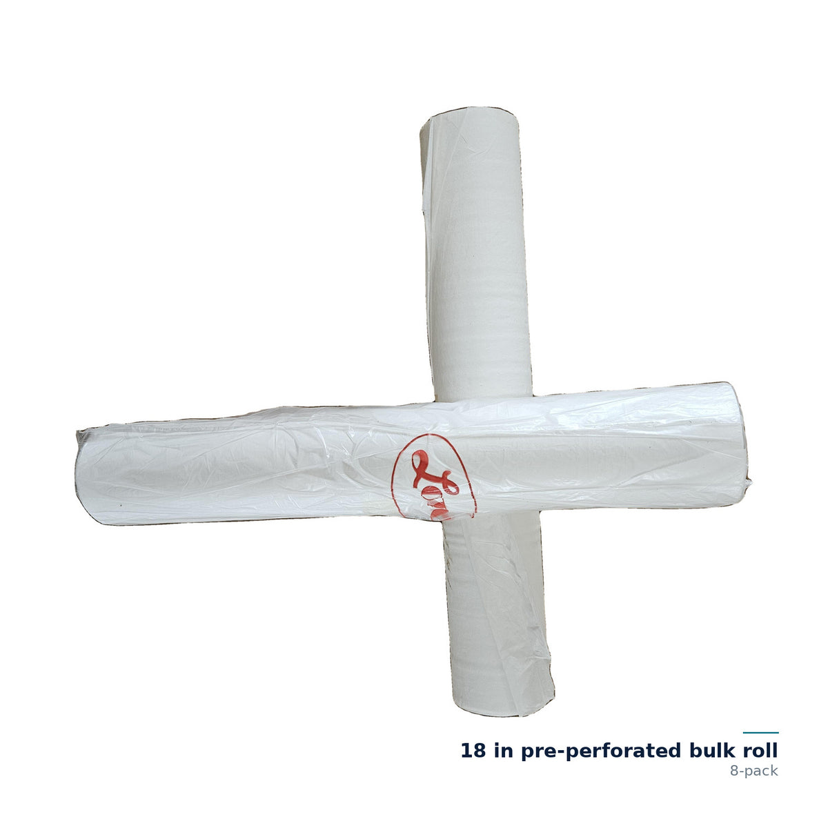CliniEco Examination Table Paper — 18 in pre-perforated bulk roll, 8-pack — two white rolls crossed side by side