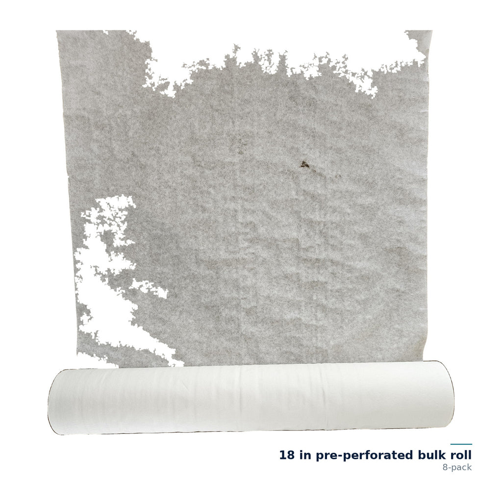 CliniEco Examination Table Paper — 18 in pre-perforated bulk roll, 8-pack — sheet unrolled with the roll laid flat