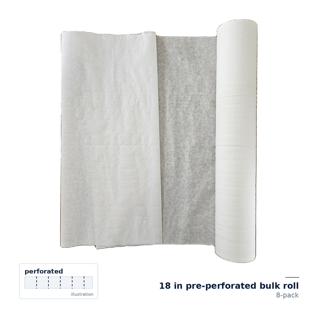 CliniEco Examination Table Paper — 18 in pre-perforated bulk roll, 8-pack — paper partly unrolled beside a standing roll; perforation shown as a line illustration, not a photo