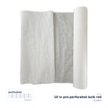 CliniEco Examination Table Paper — 18 in pre-perforated bulk roll, 8-pack — paper partly unrolled beside a standing roll; perforation shown as a line illustration, not a photo