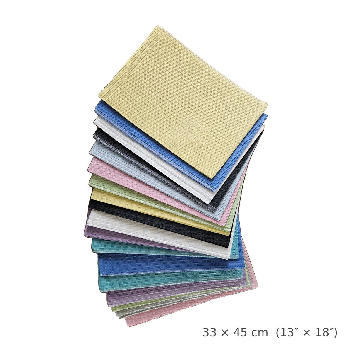 CliniEco dental bibs 33 x 45 cm (13 x 18 in) - assorted colours, fanned stack