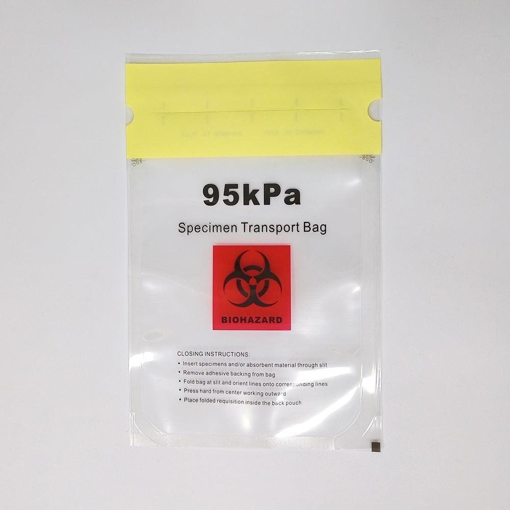 CliniEco 95 kPa specimen transport bag — printed 95kPa, Specimen Transport Bag and BIOHAZARD panel, adhesive closure