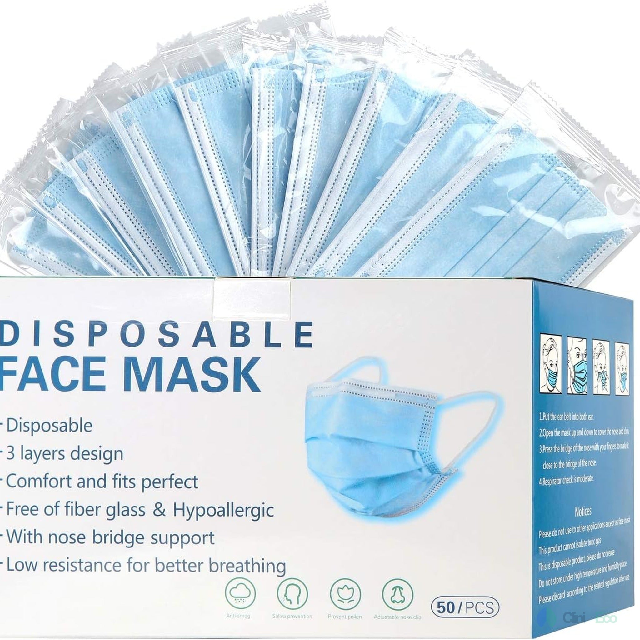 CliniEco Medical Face Masks - 3-Ply, ASTM Level 1, Procedural Mask