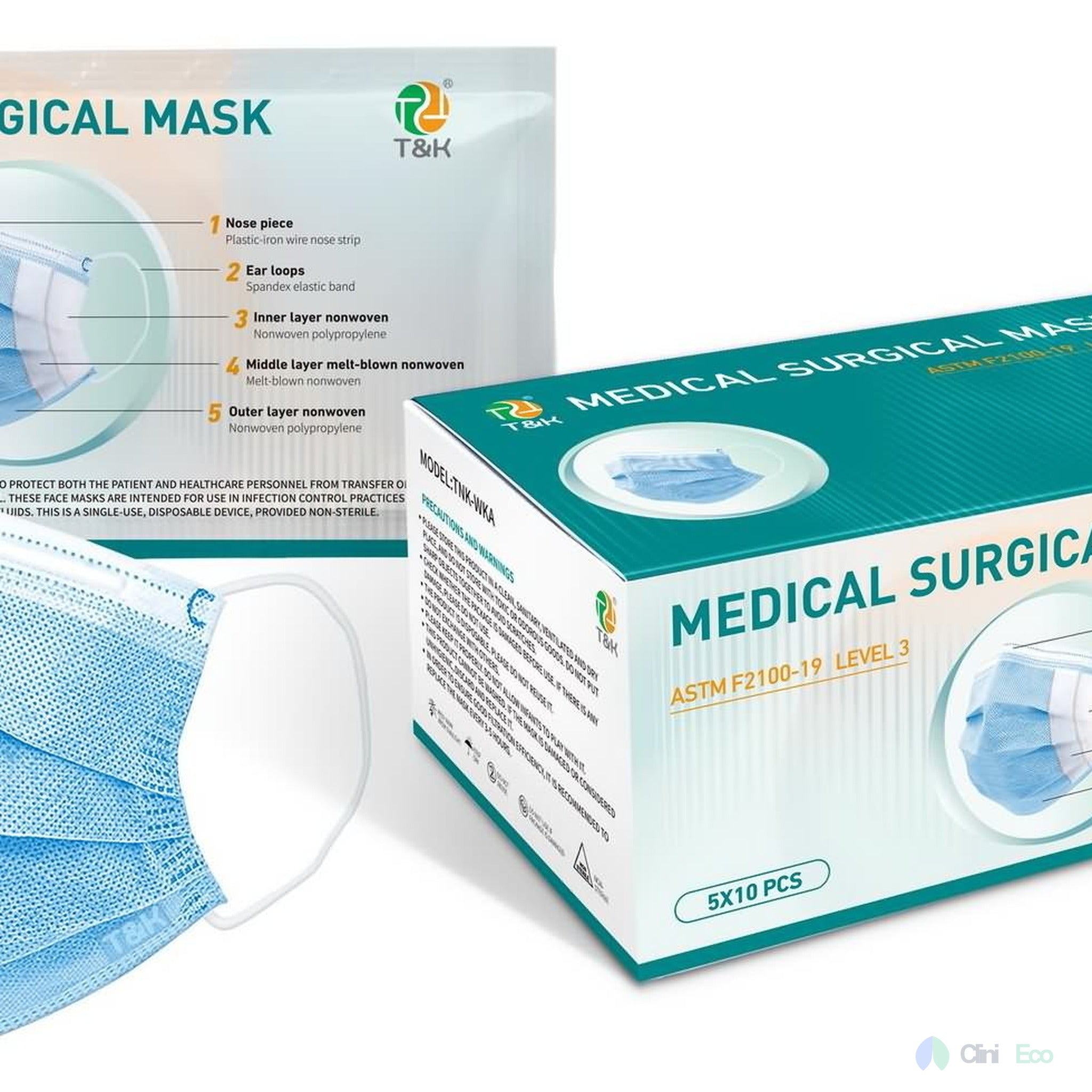 CliniEco Medical Face Masks - 3-Ply, ASTM Level 1, Procedural Mask