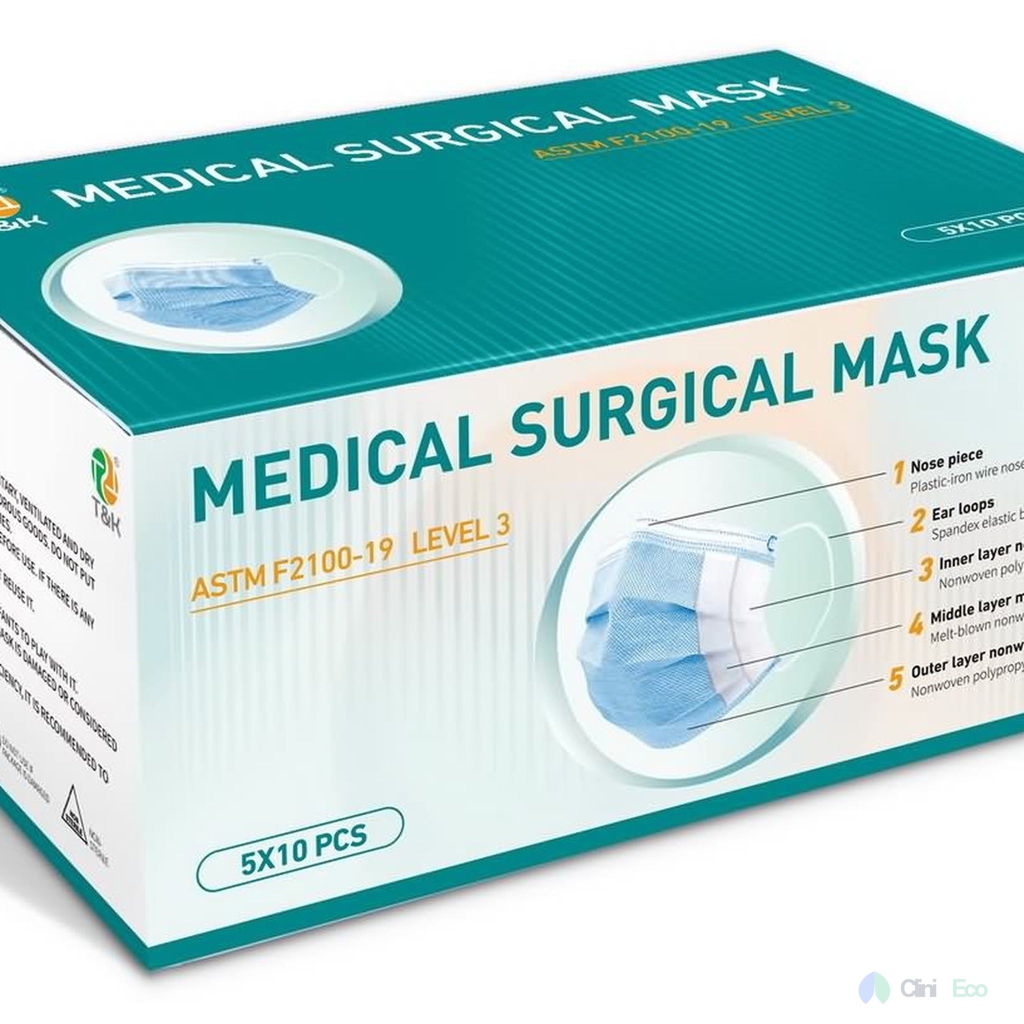 CliniEco Medical Face Masks - 3-Ply, ASTM Level 1, Procedural Mask