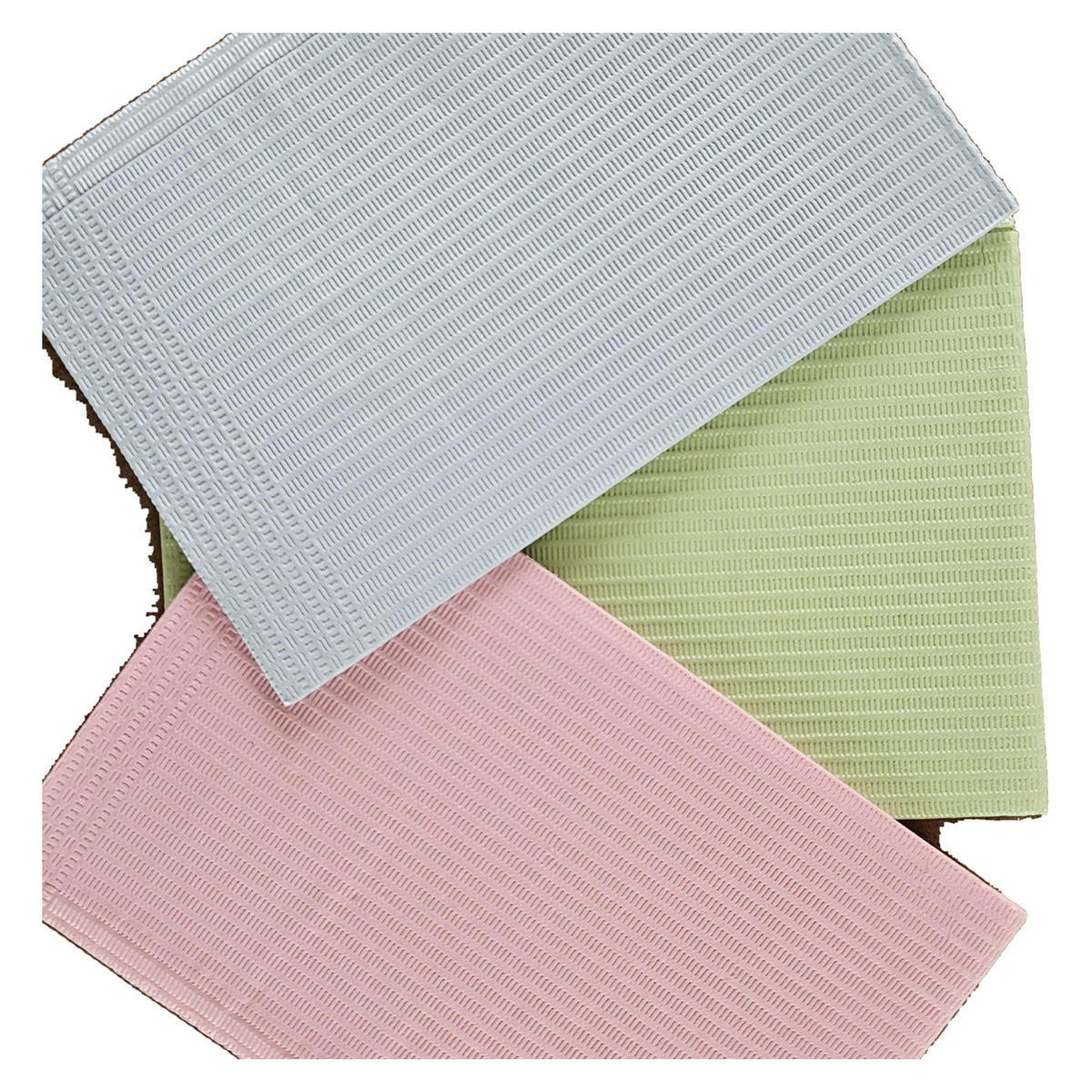 Aurelia dental bibs, light pink, mint green and light grey, layered close-up of three stacked bibs