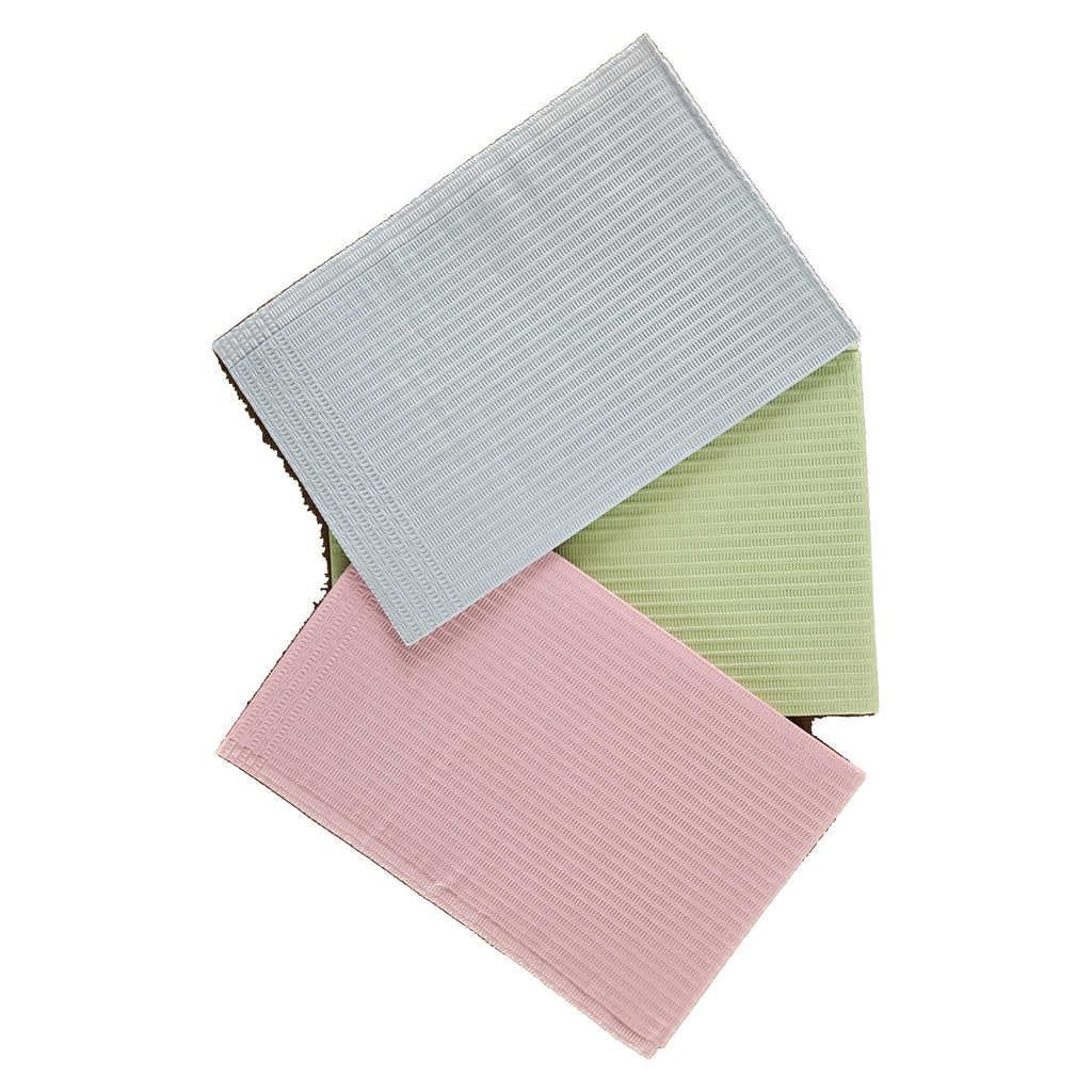 Aurelia dental bibs, light pink, mint green and light grey, three bibs stacked on white background