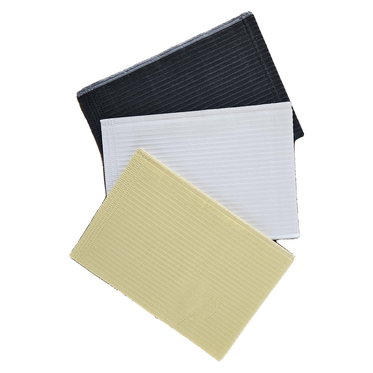 Aurelia dental bibs, pale yellow, white and dark grey, three bibs stacked on white background