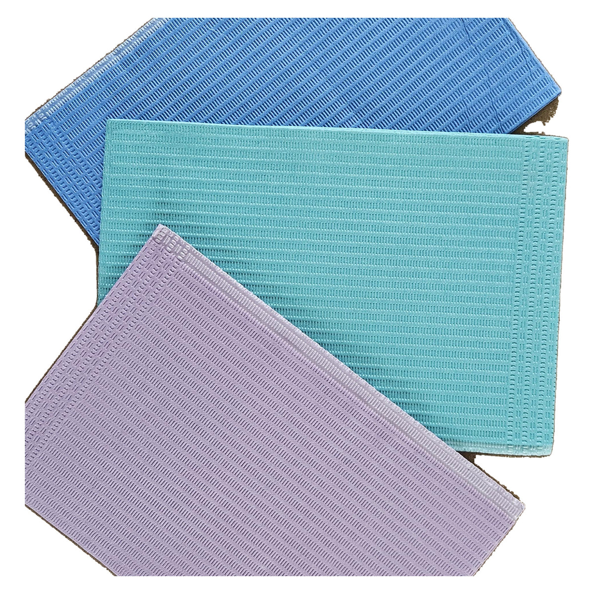 Aurelia dental bibs, lavender, light green and blue, layered close-up of three stacked bibs