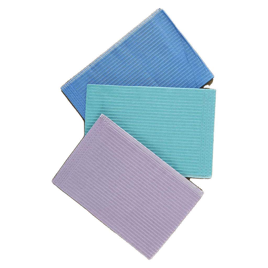 Aurelia dental bibs, lavender, light green and blue, three bibs stacked on white background