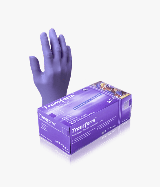 Aurelia Transform 100 nitrile exam gloves — 3.2 mil, ice blue, medical grade (product photo)